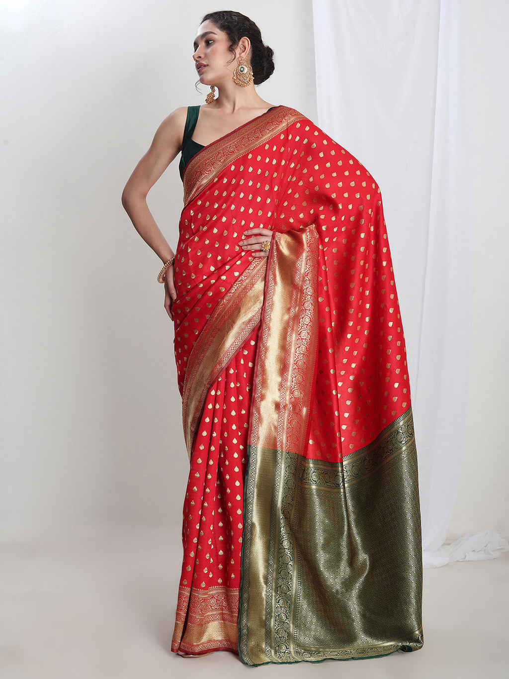 Janasya Red Silk Blend Ethnic Motifs Jacquard Saree - Distacart