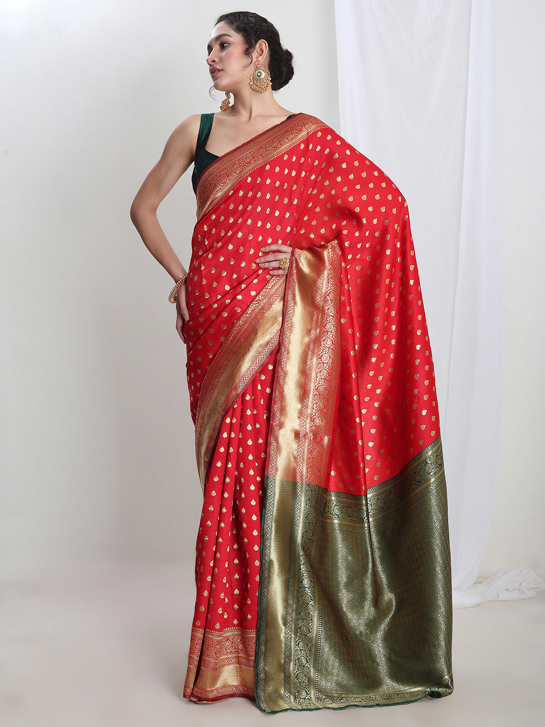 Janasya Red Silk Blend Ethnic Motifs Jacquard Saree - Distacart