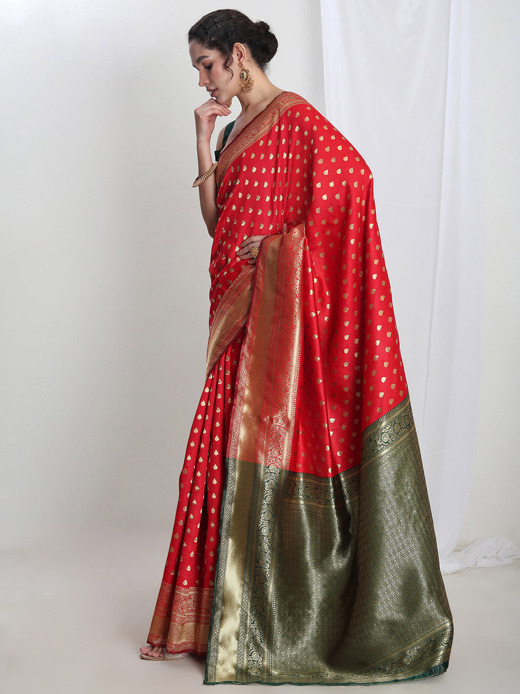 Janasya Red Silk Blend Ethnic Motifs Jacquard Saree - Distacart