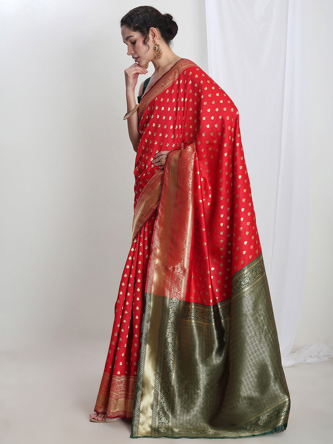 Janasya Red Silk Blend Ethnic Motifs Jacquard Saree - Distacart