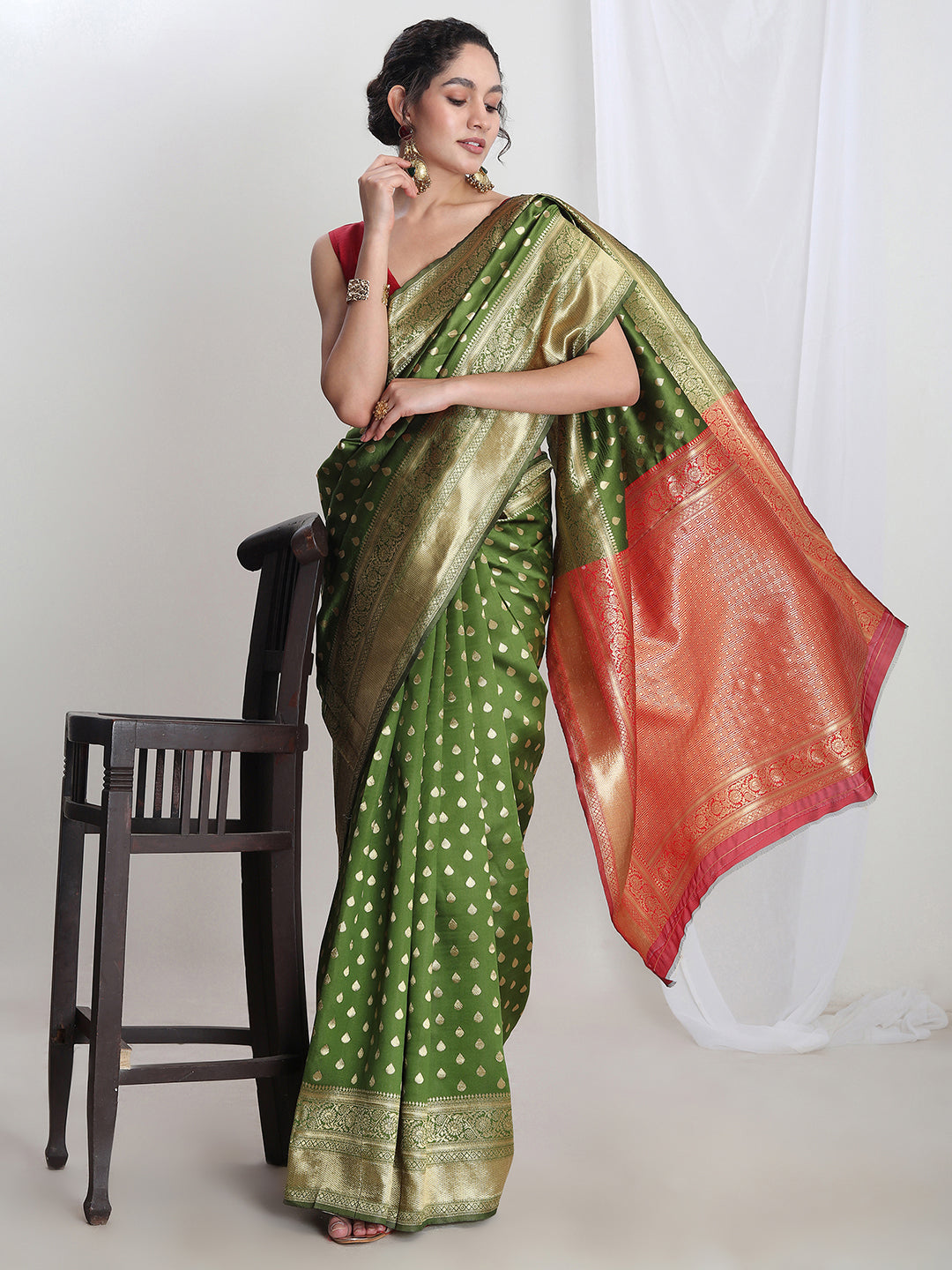 Janasya Green Silk Blend Ethnic Motifs Jacquard Saree - Distacart
