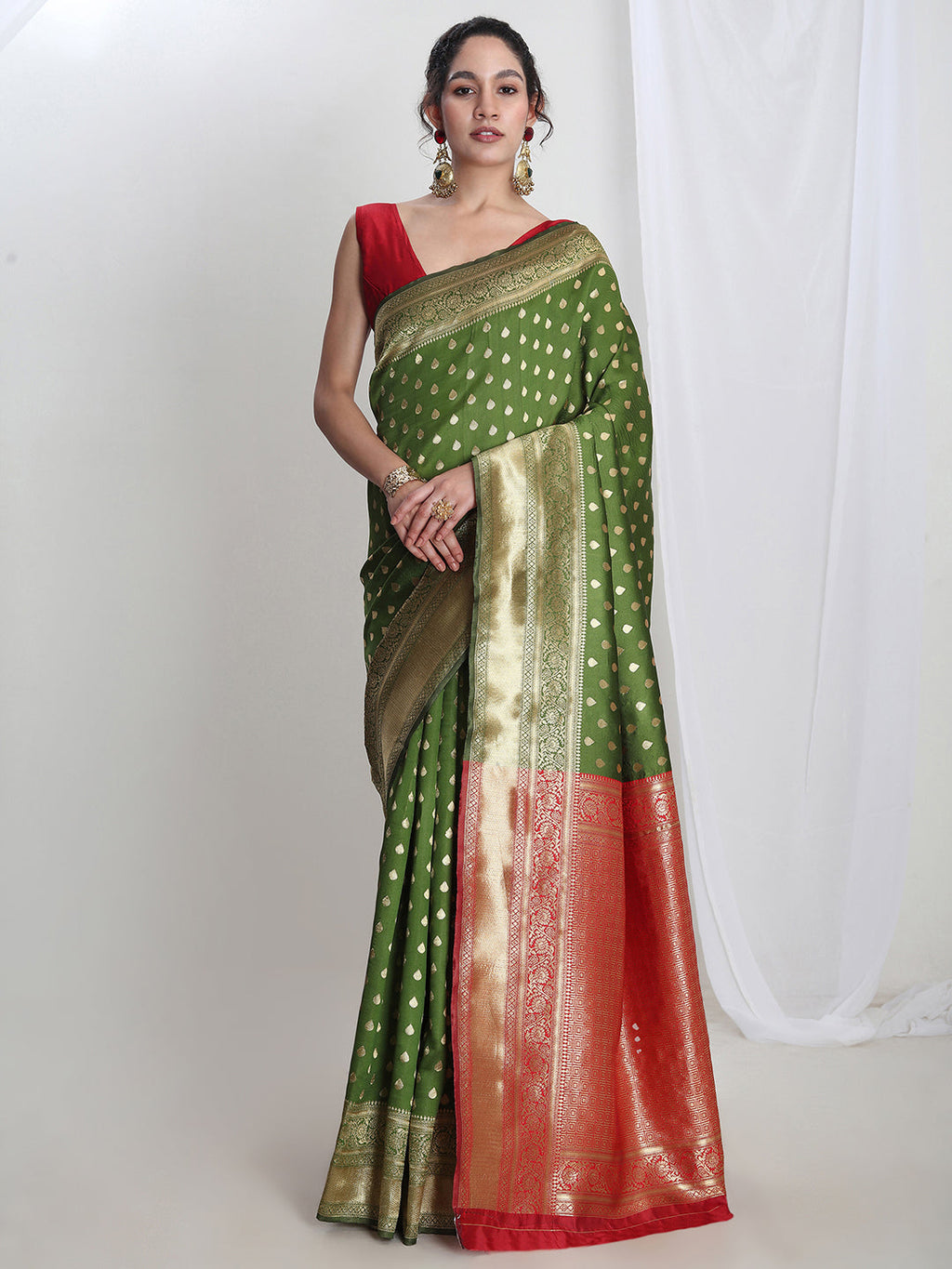 Janasya Green Silk Blend Ethnic Motifs Jacquard Saree - Distacart