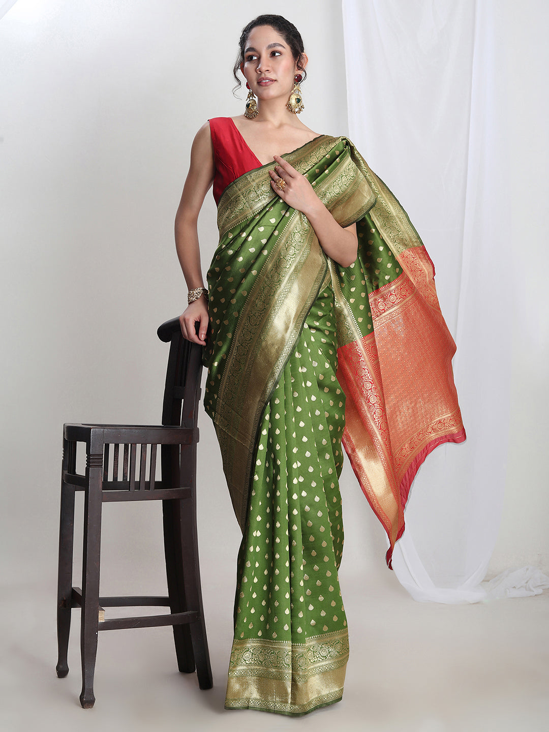 Janasya Green Silk Blend Ethnic Motifs Jacquard Saree - Distacart