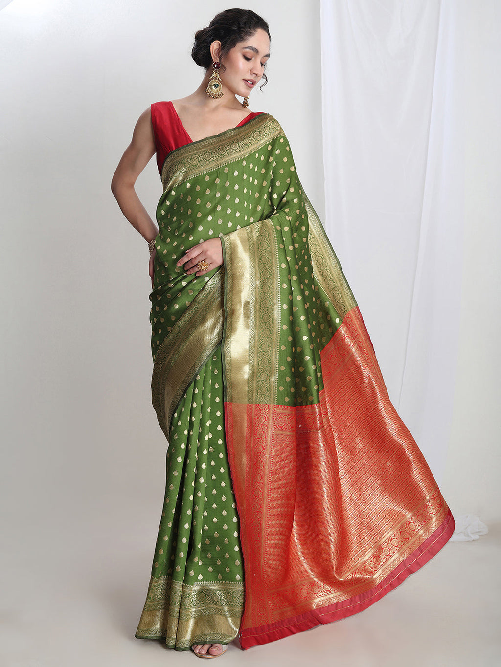 Janasya Green Silk Blend Ethnic Motifs Jacquard Saree - Distacart