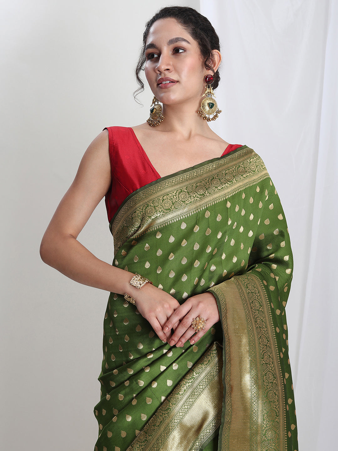 Janasya Green Silk Blend Ethnic Motifs Jacquard Saree - Distacart