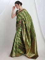 Janasya Green Silk Blend Floral Jacquard Saree - Distacart