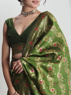 Janasya Green Silk Blend Floral Jacquard Saree - Distacart