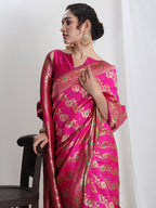 Janasya Pink Silk Blend Floral Jacquard Saree - Distacart