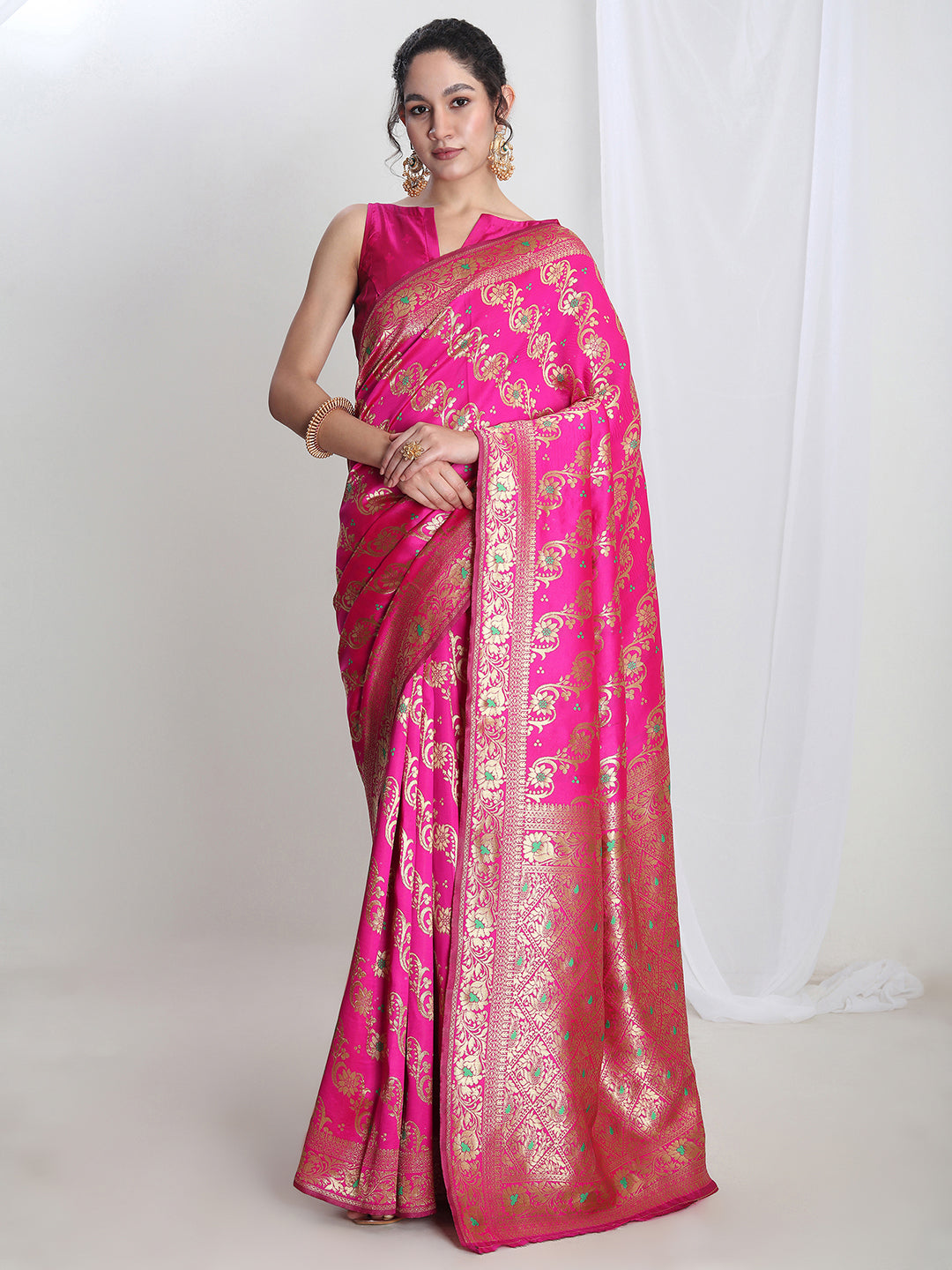 Janasya Pink Silk Blend Floral Jacquard Saree - Distacart