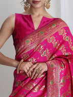 Janasya Pink Silk Blend Floral Jacquard Saree - Distacart