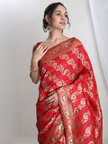 Janasya Red Silk Blend Floral Jacquard Saree - Distacart