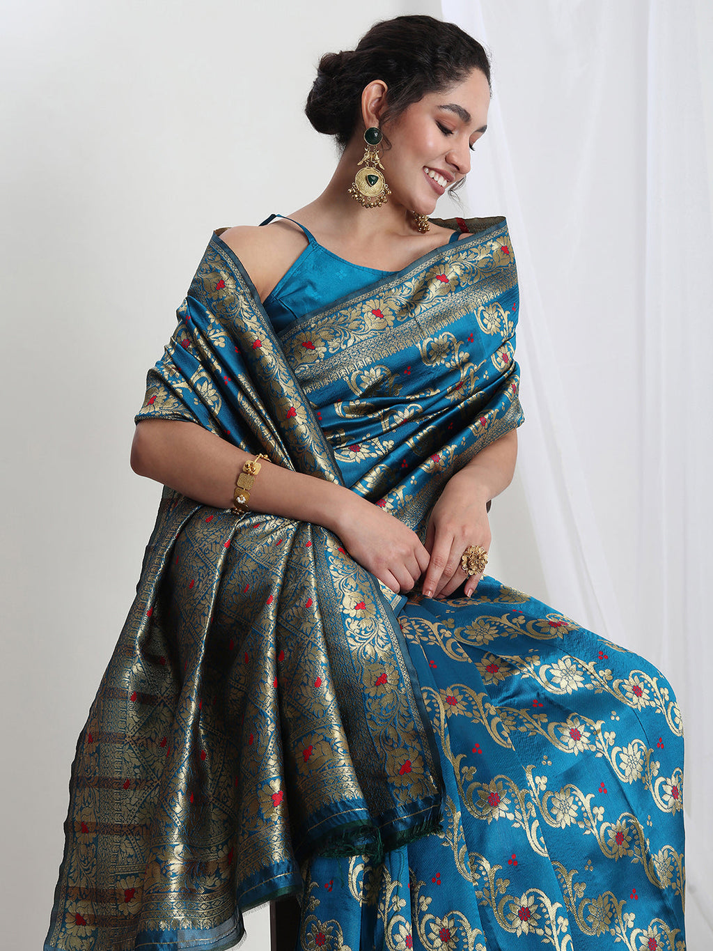 Janasya Teal Blue Silk Blend Floral Jacquard Saree - Distacart