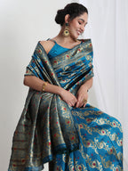 Janasya Teal Blue Silk Blend Floral Jacquard Saree - Distacart