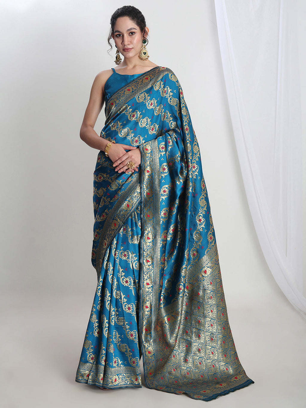 Janasya Teal Blue Silk Blend Floral Jacquard Saree - Distacart