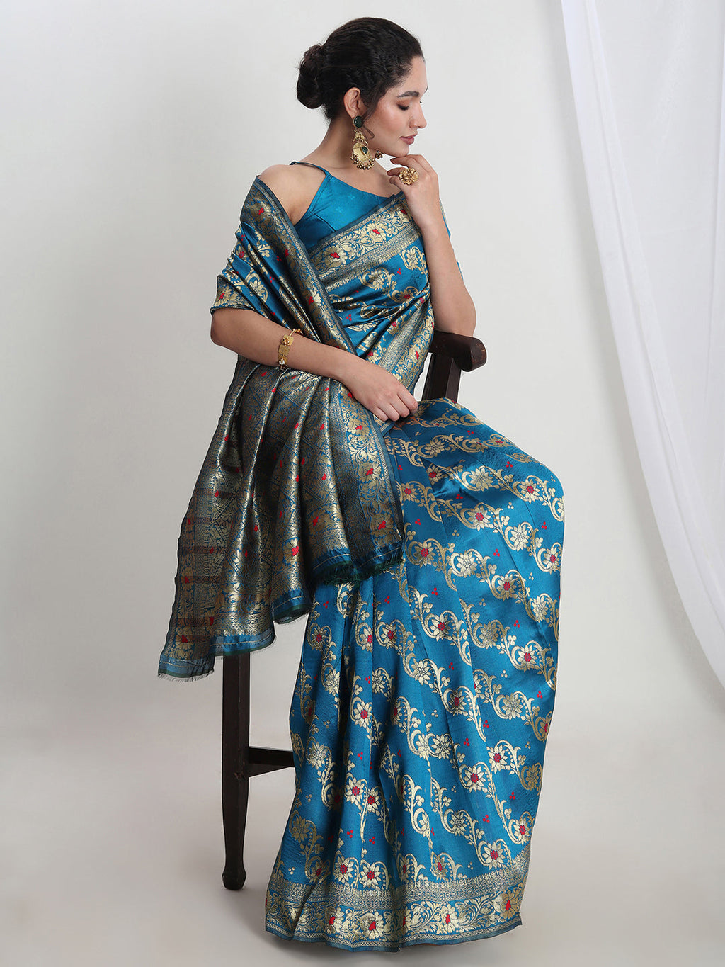 Janasya Teal Blue Silk Blend Floral Jacquard Saree - Distacart