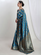 Janasya Teal Blue Silk Blend Floral Jacquard Saree - Distacart
