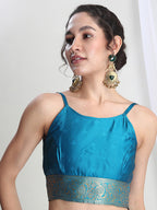 Janasya Teal Blue Silk Blend Floral Jacquard Saree - Distacart