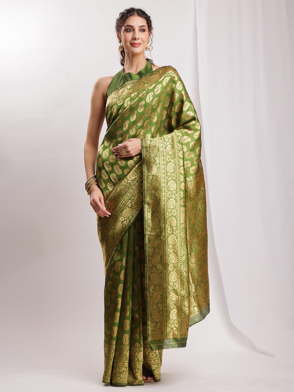 Janasya Green Silk Blend Paisley Jacquard Saree - Distacart