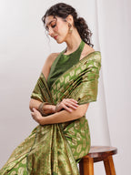 Janasya Green Silk Blend Paisley Jacquard Saree - Distacart