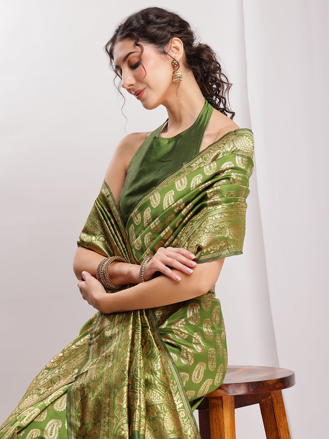Janasya Green Silk Blend Paisley Jacquard Saree - Distacart