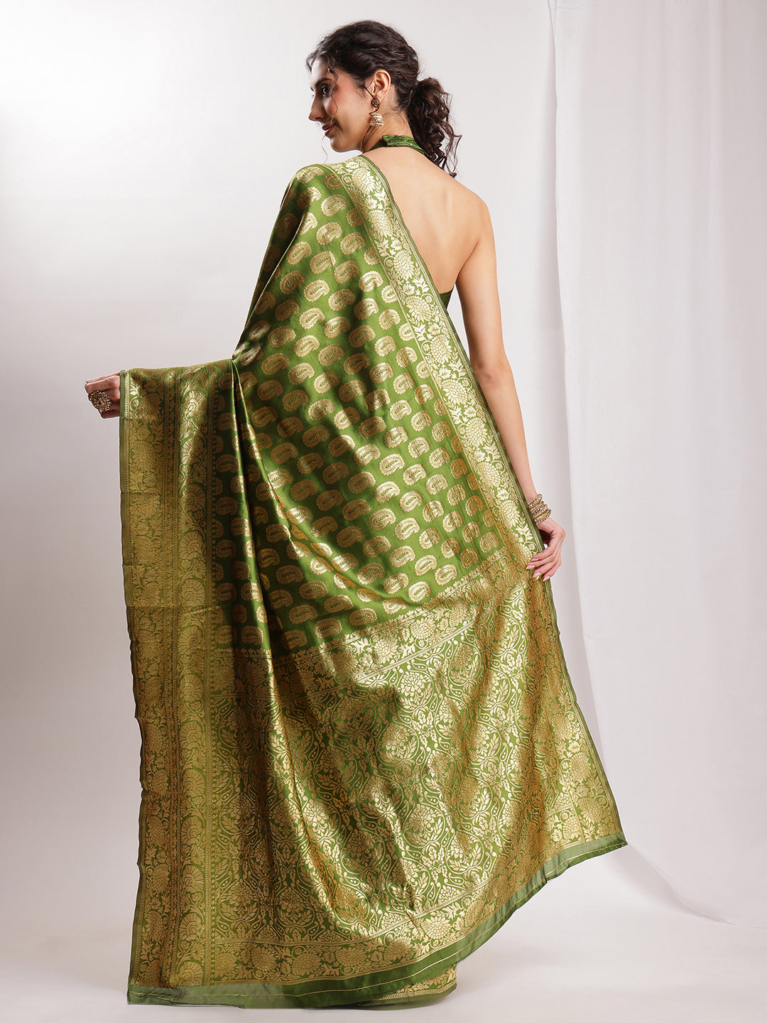 Janasya Green Silk Blend Paisley Jacquard Saree - Distacart