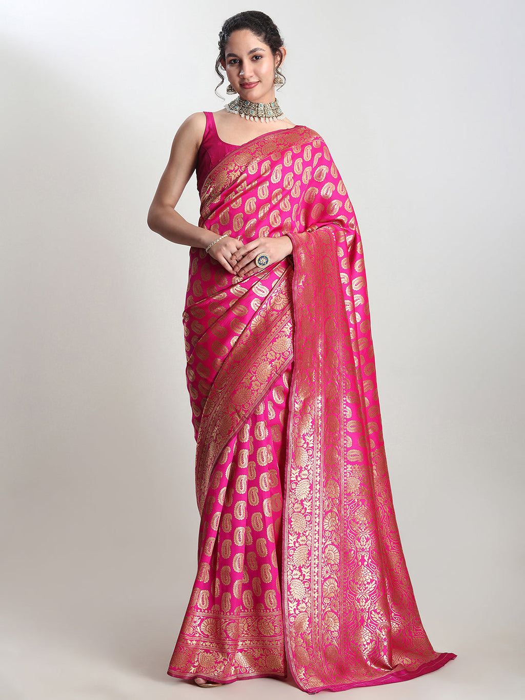 Janasya Pink Silk Blend Paisley Jacquard Saree - Distacart
