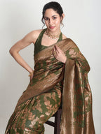 Janasya Green Silk Blend Floral Jacquard Saree - Distacart