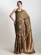 Janasya Green Silk Blend Floral Jacquard Saree - Distacart