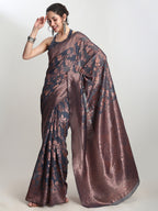 Janasya Grey Silk Blend Floral Jacquard Saree - Distacart