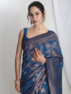 Janasya Blue Silk Blend Floral Jacquard Saree - Distacart