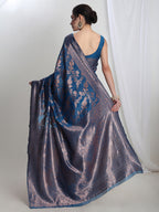 Janasya Blue Silk Blend Floral Jacquard Saree - Distacart