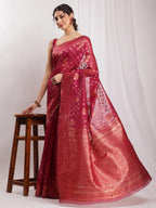 Janasya Fuchsia Silk Blend Floral Jacquard Saree - Distacart