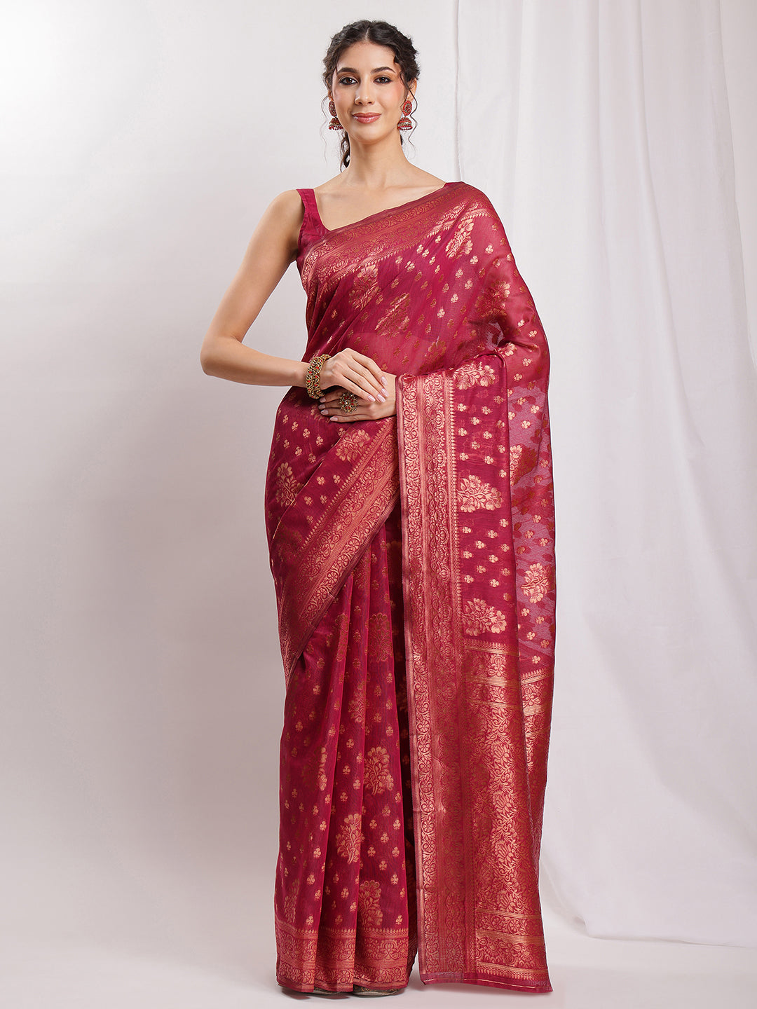 Janasya Fuchsia Silk Blend Floral Jacquard Saree - Distacart