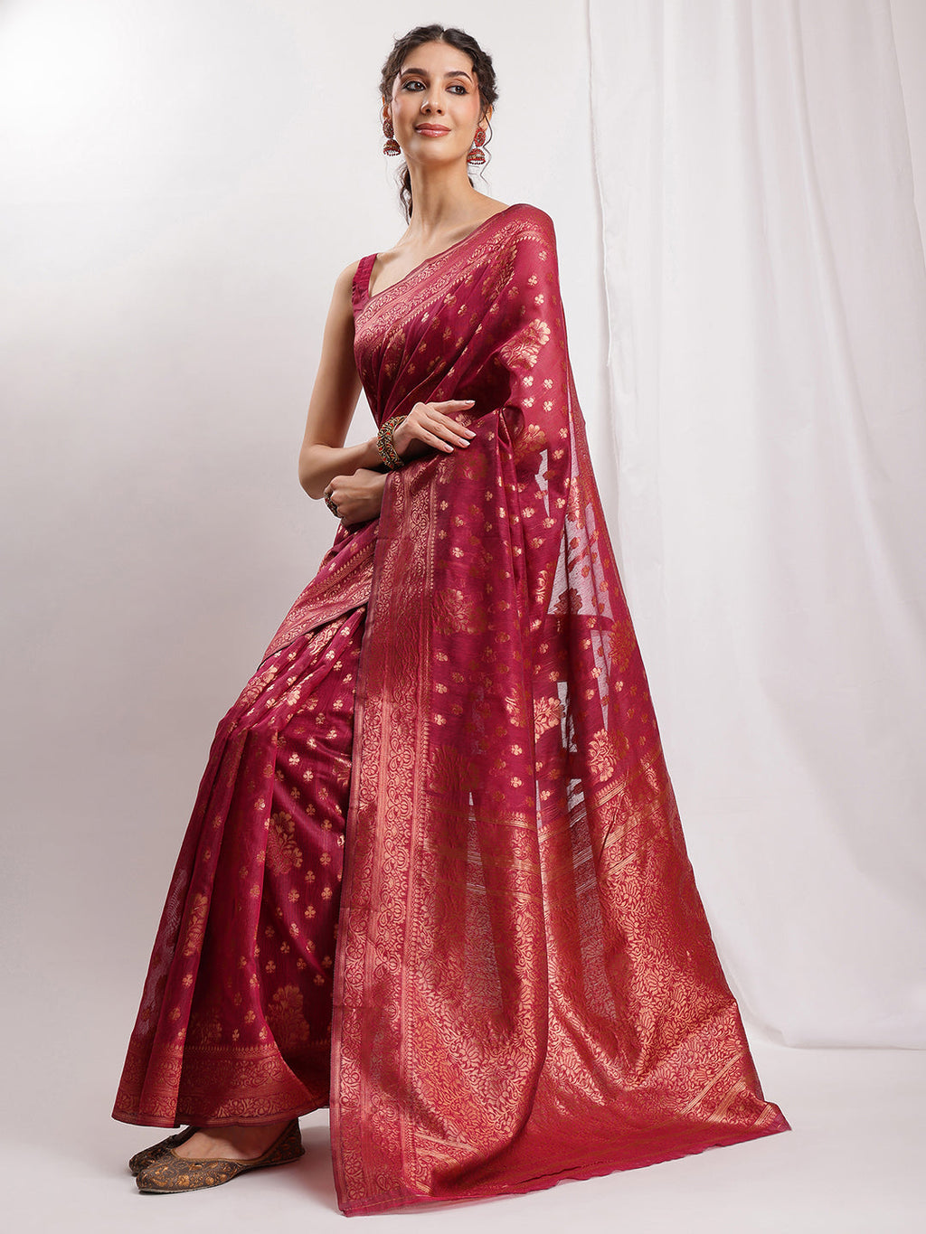 Janasya Fuchsia Silk Blend Floral Jacquard Saree - Distacart