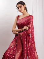 Janasya Fuchsia Silk Blend Floral Jacquard Saree - Distacart