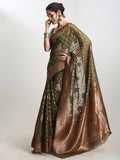 Janasya Green Silk Blend Floral Jacquard Saree - Distacart