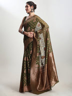 Janasya Green Silk Blend Floral Jacquard Saree - Distacart