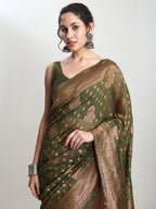 Janasya Green Silk Blend Floral Jacquard Saree - Distacart