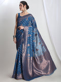 Janasya Teal Blue Silk Blend Floral Jacquard Saree - Distacart