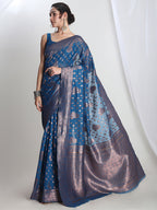 Janasya Teal Blue Silk Blend Floral Jacquard Saree - Distacart