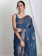 Janasya Teal Blue Silk Blend Floral Jacquard Saree - Distacart