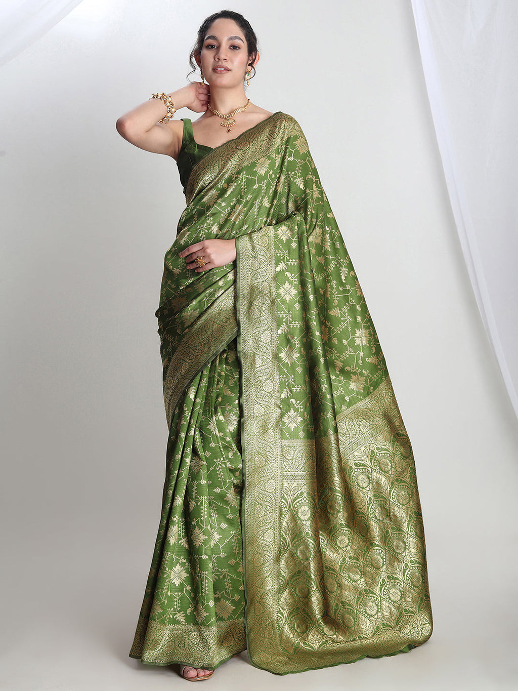 Janasya Green Silk Blend Geometric Jacquard Saree - Distacart