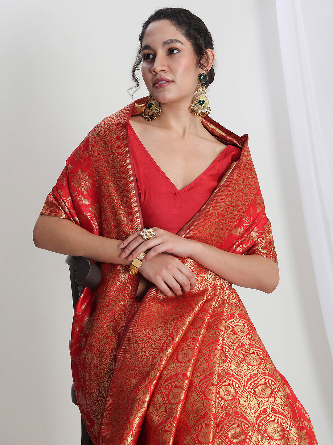 Janasya Red Silk Blend Geometric Jacquard Saree - Distacart