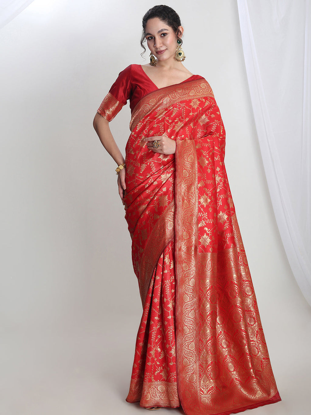 Janasya Red Silk Blend Geometric Jacquard Saree - Distacart