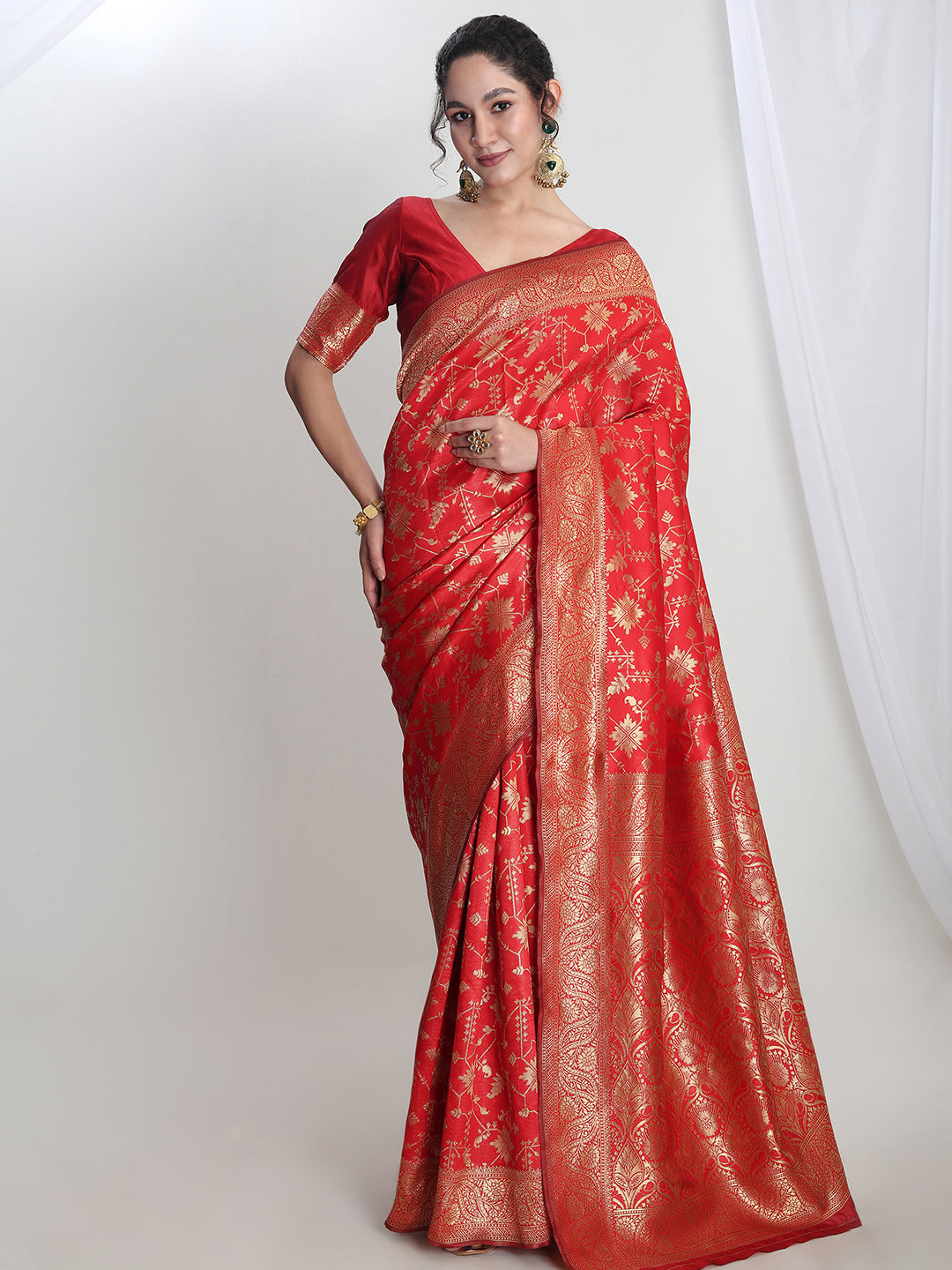 Janasya Red Silk Blend Geometric Jacquard Saree - Distacart