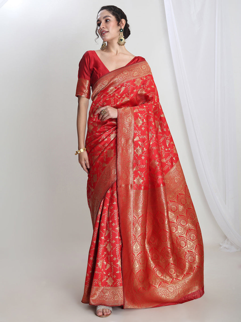 Janasya Red Silk Blend Geometric Jacquard Saree - Distacart