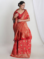 Janasya Red Silk Blend Geometric Jacquard Saree - Distacart