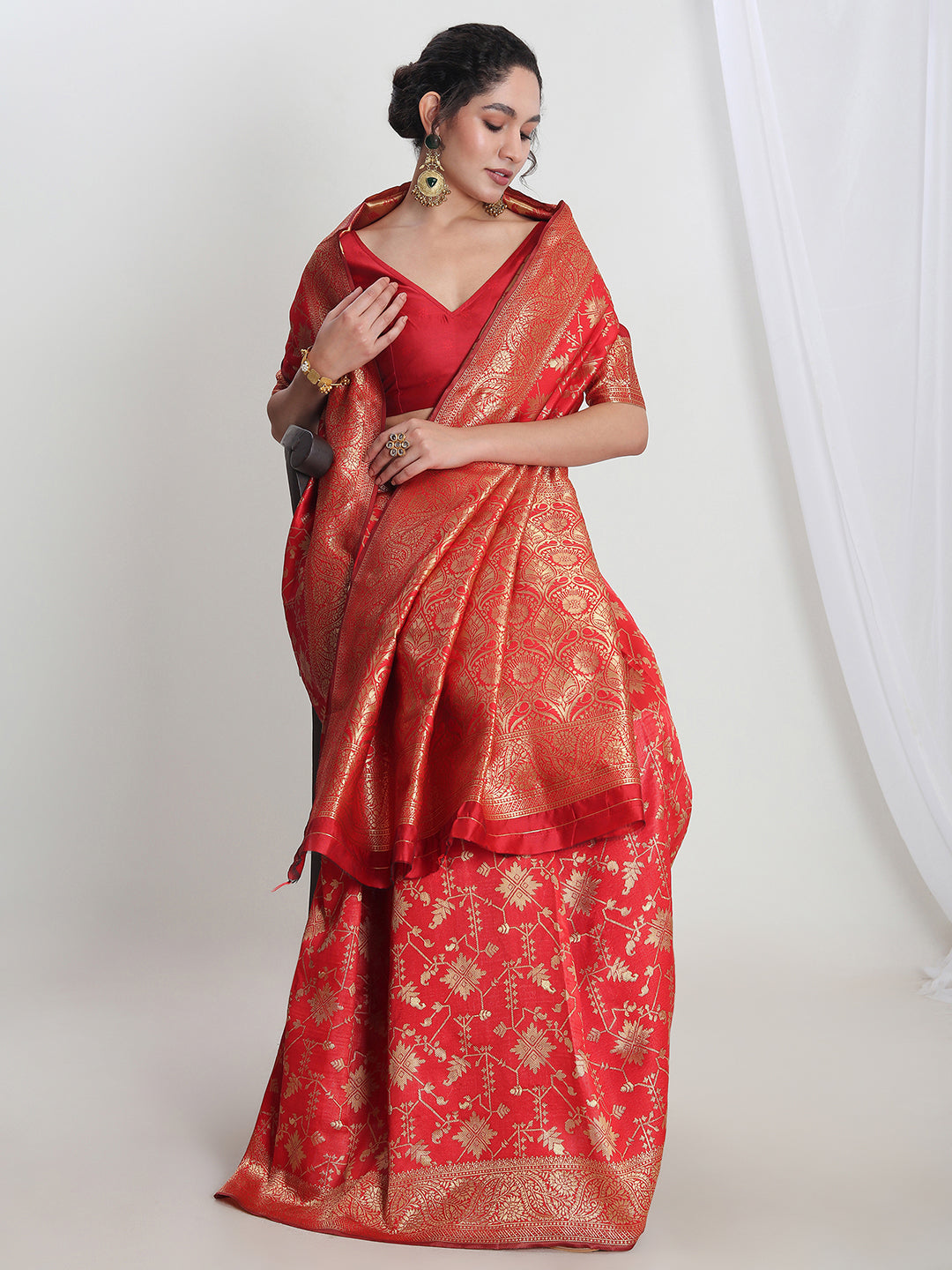 Janasya Red Silk Blend Geometric Jacquard Saree - Distacart