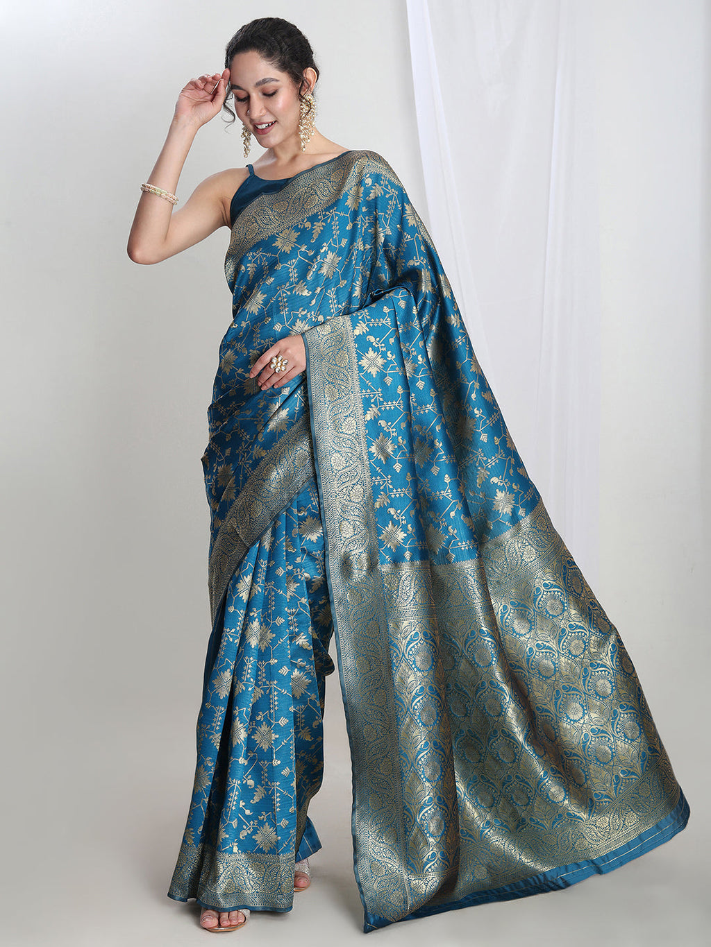 Janasya Teal Blue Silk Blend Geometric Jacquard Saree - Distacart