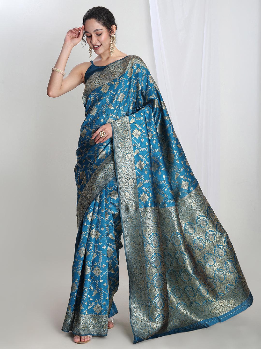 Janasya Teal Blue Silk Blend Geometric Jacquard Saree - Distacart